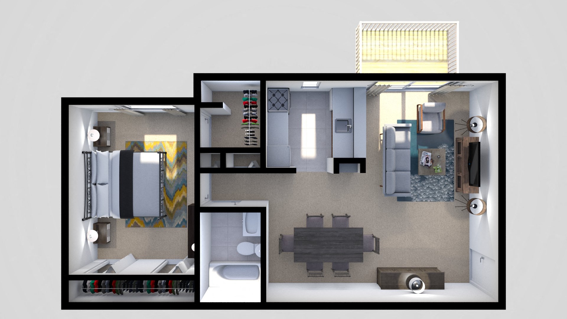 Floor plan for 1 bed, 1 bath, 680 sqft